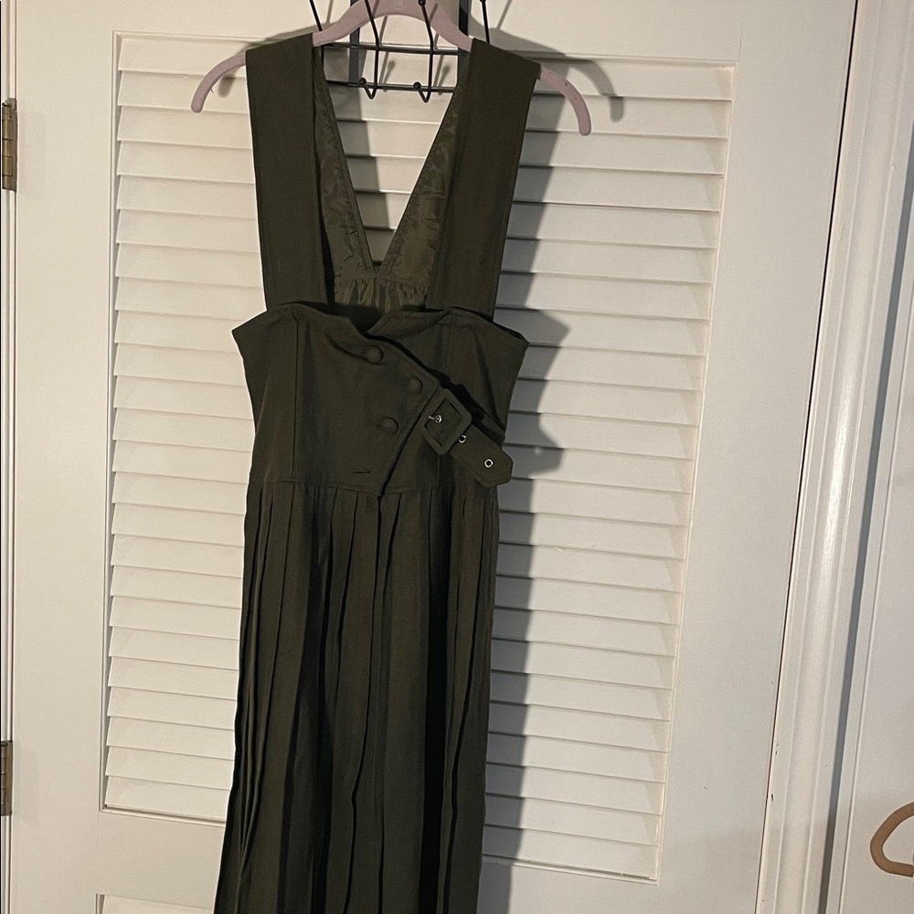 Vintage FREE Brand Khaki Wool Adjustable Suspender Fitted Pleated Midi Dress